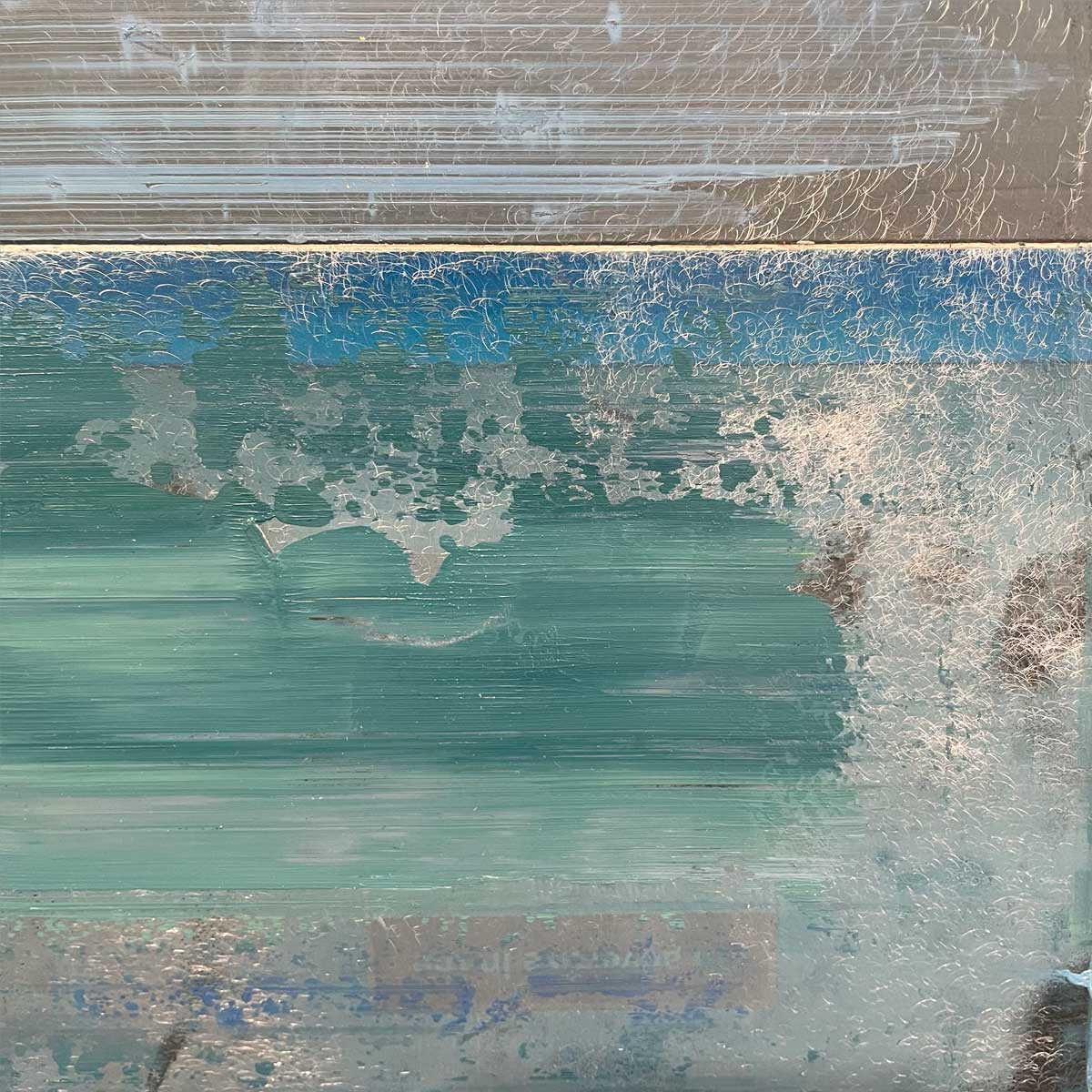 A close up detail image of a blue and green wash over aluminum sheets from an abstract painting by Ned Martin.