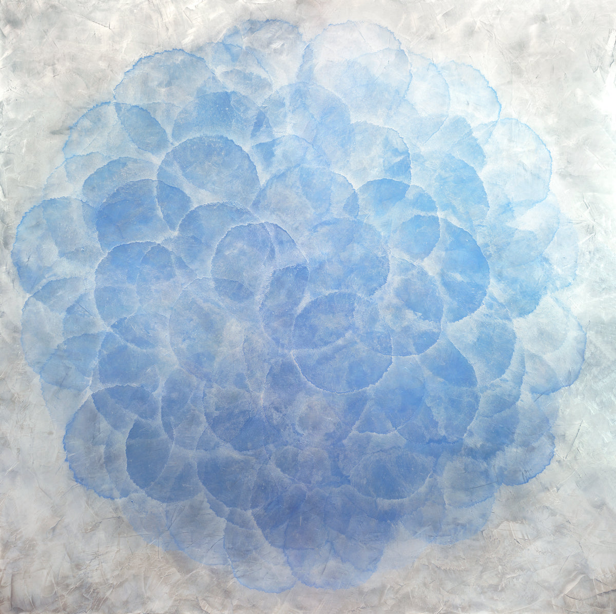 A blue, white and silver abstract geometric print by Roger Mudre.