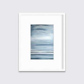 Blue-grey linear abstract print in a white frame with a mat on a white wall.