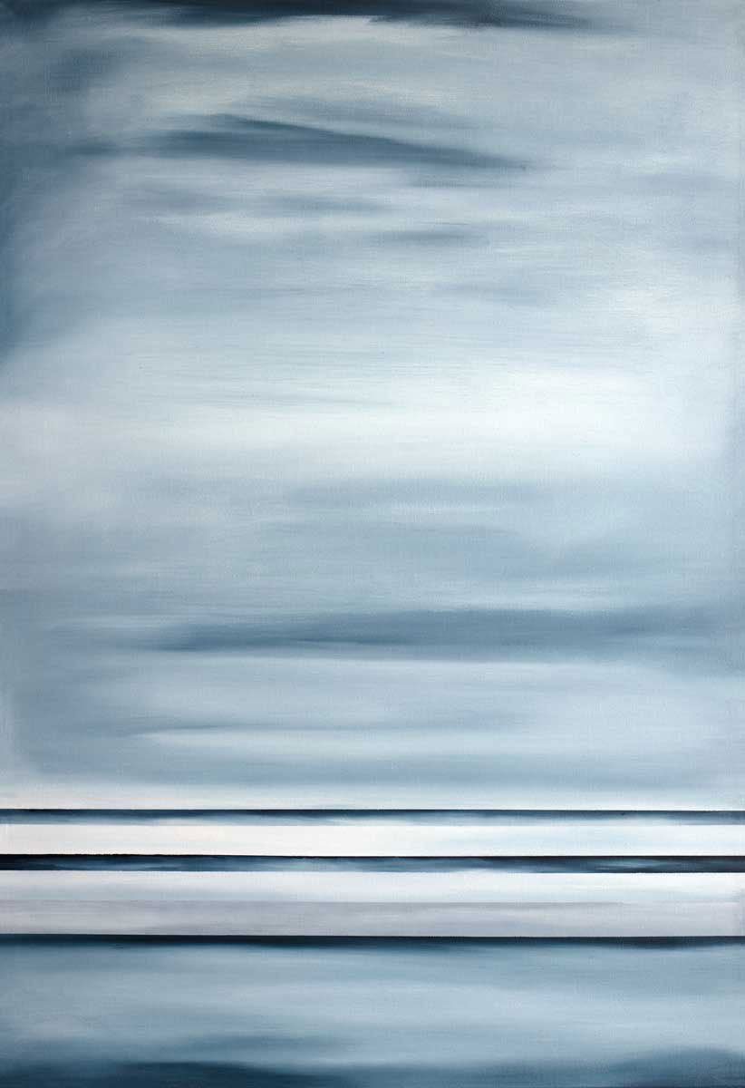 Abstract painting that features dark blue, parallel horizontal lines and colors blended together.