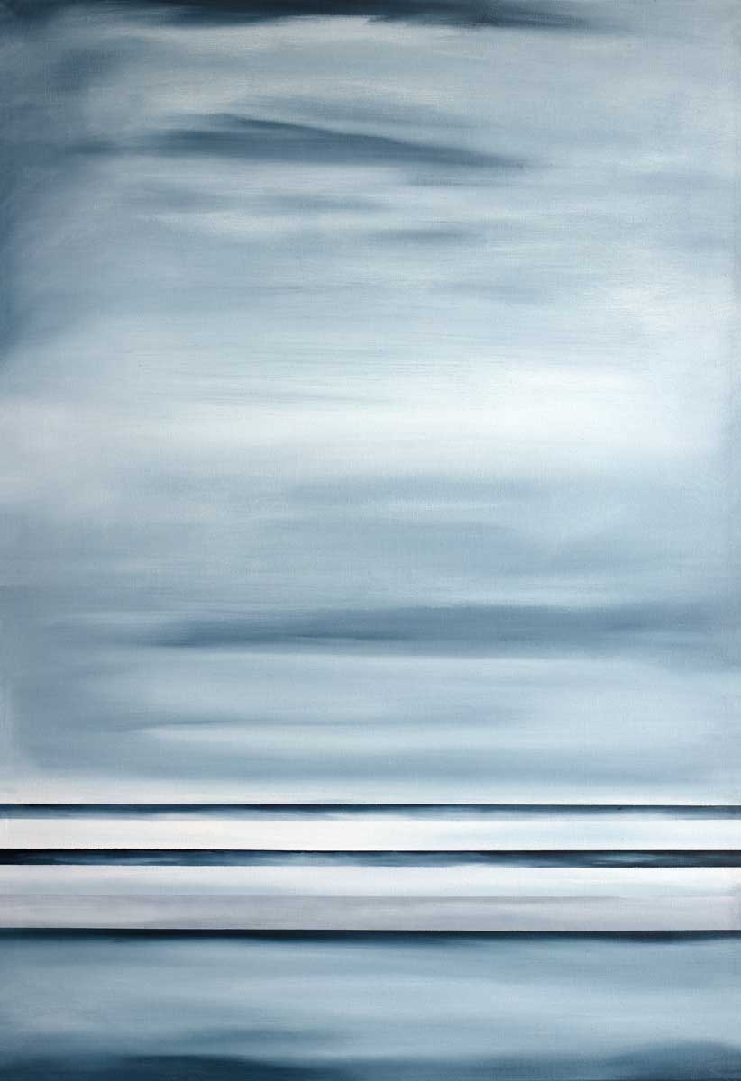 Abstract print with blue and white horizontal lines and blended blue-grey color blocks.