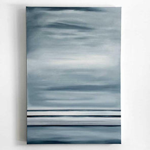 A blue-grey abstract geometric painting hangs on a white wall.