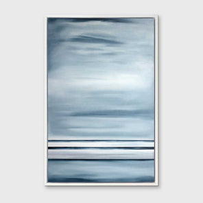 Blue-grey abstract print in a white floater frame on a white wall.