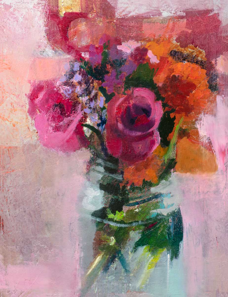 A pink, orange and green abstract floral print by Christine Averill-Green.