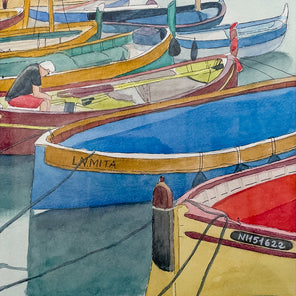 A watercolor painting of colorful boats docked in a marina. 