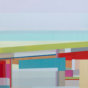 A colorful and geometric abstract painting by Shilo Ratner.