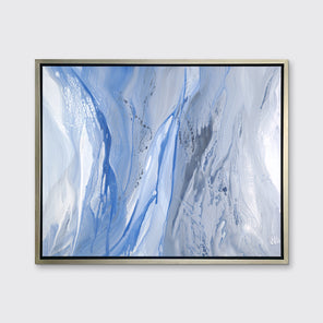 A blue, white and grey abstract print in a silver floater frame hangs on a white wall.