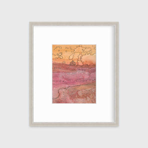 A orange, pink and black abstract landscape with a sailboat in a silver frame with a mat hangs on a white wall.