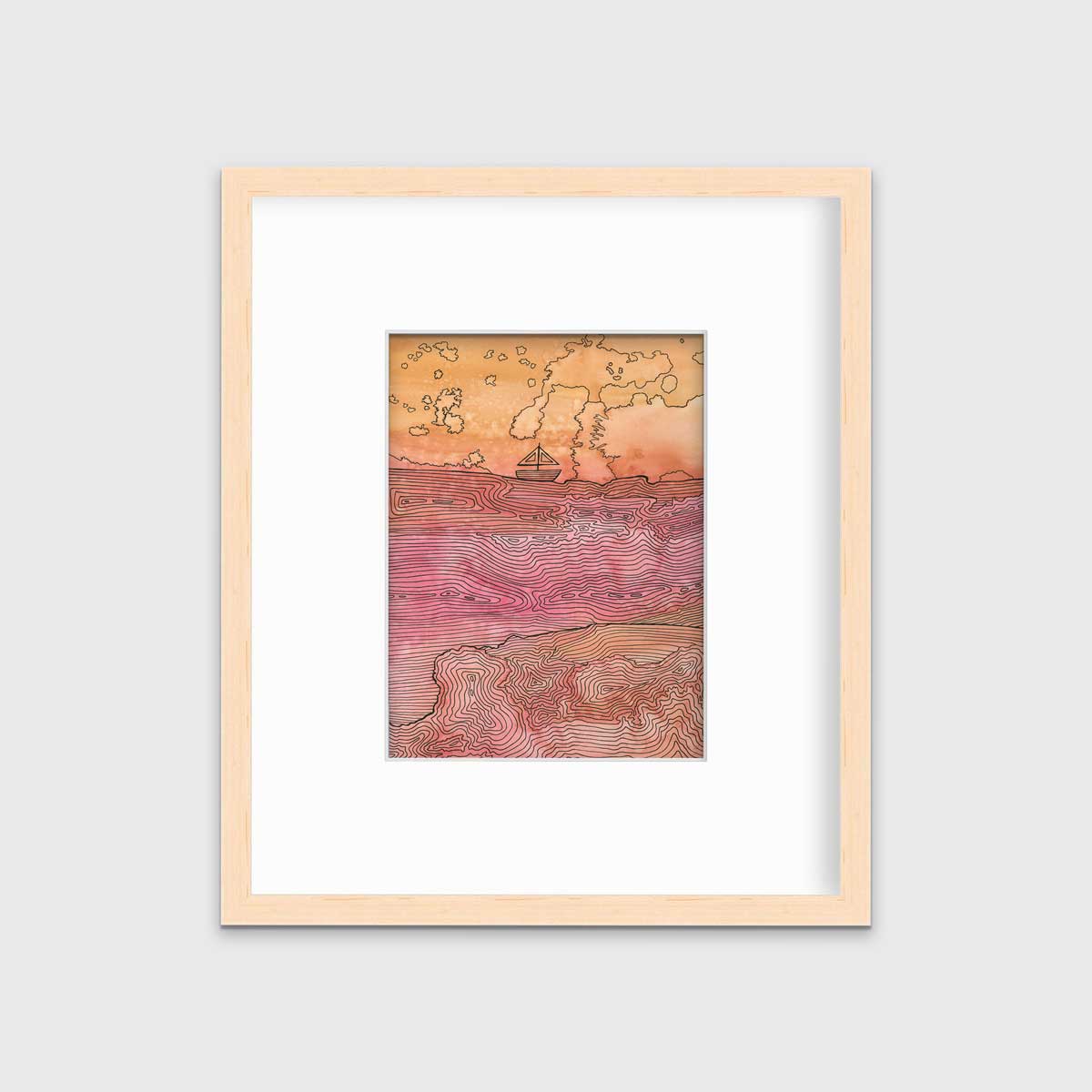 A orange, pink and black abstract landscape with a sailboat in a natural wood frame with a mat hangs on a white wall.