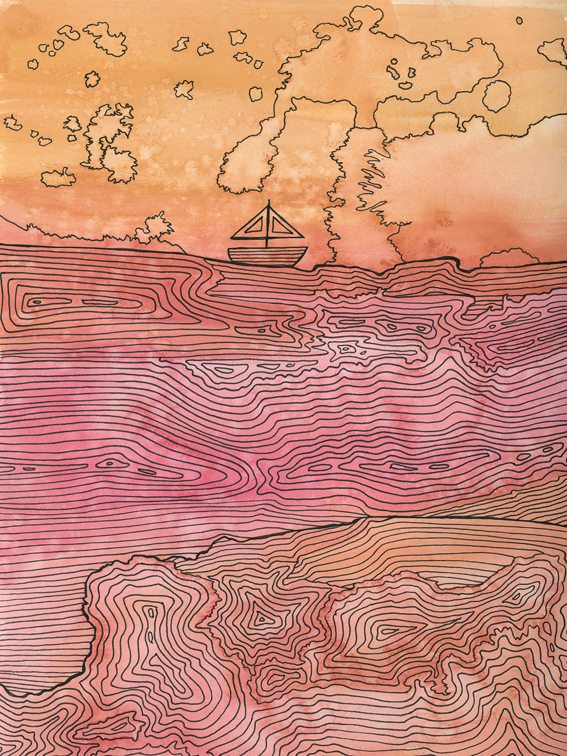 A orange, pink and black abstract landscape print with a sailboat by Melissa Kircher.