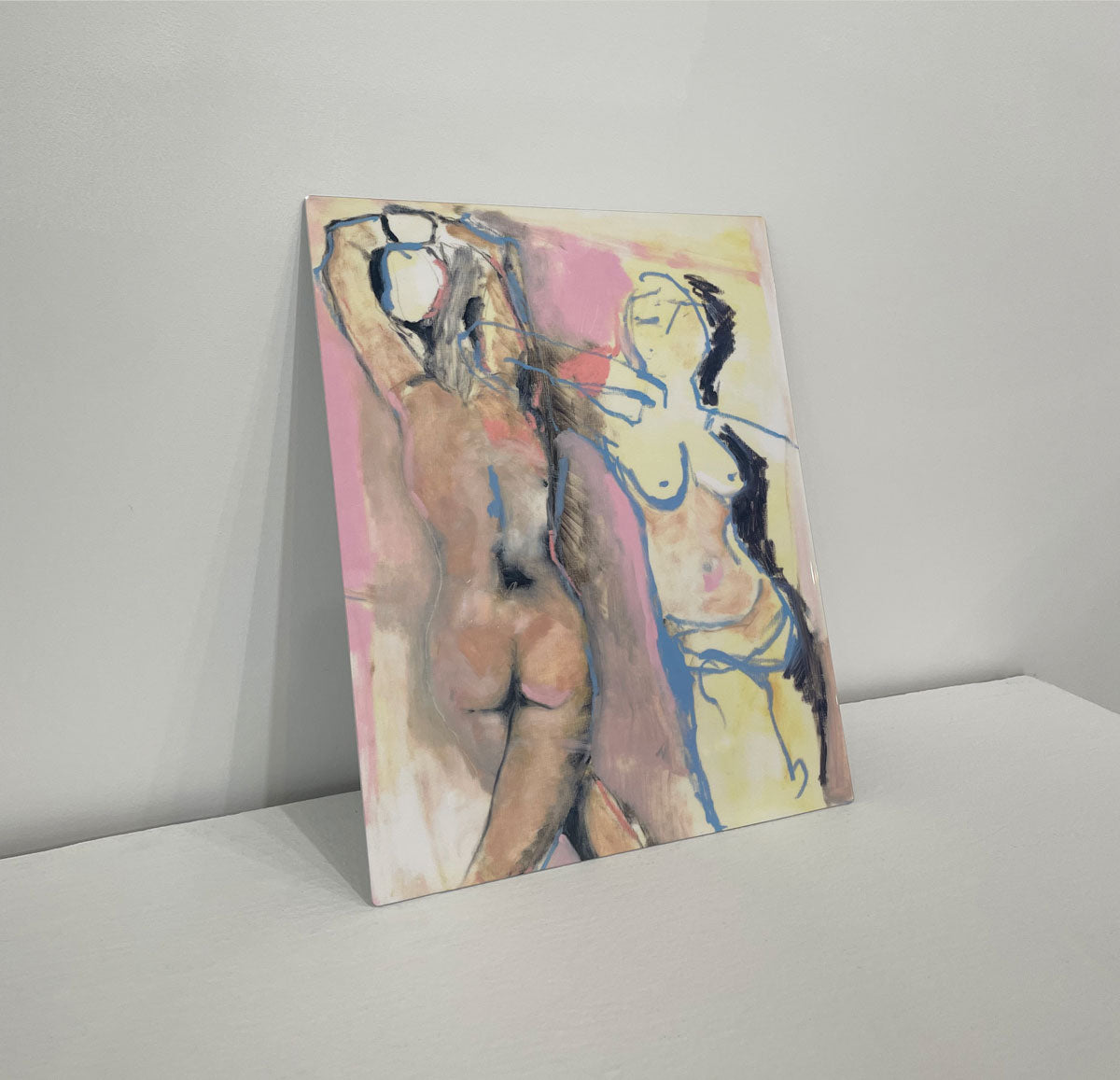 A left-hand, side-angle view of a pink and yellow abstract nude figurative print by Kelly Rossetti. 