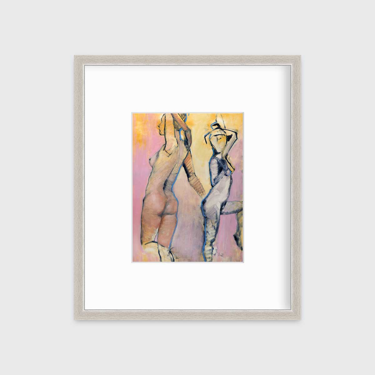 A pink, yellow, blue and black abstract figurative print of two women in a silver frame with a mat hangs on a white wall.