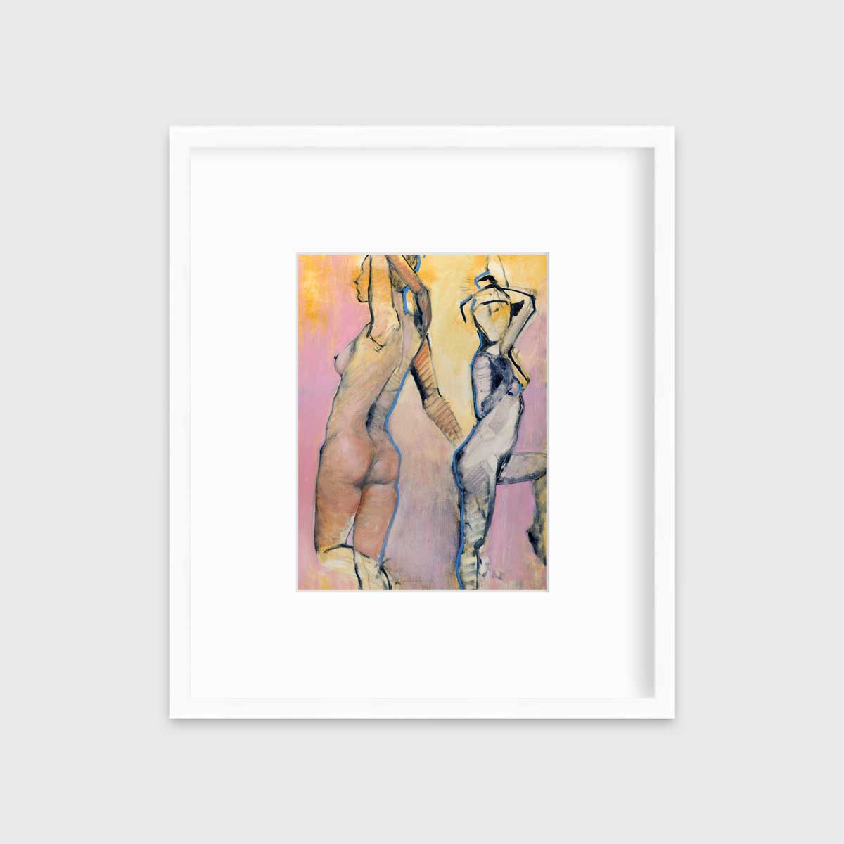 A pink, yellow, blue and black abstract figurative print of two women in a white frame with a mat hangs on a white wall.