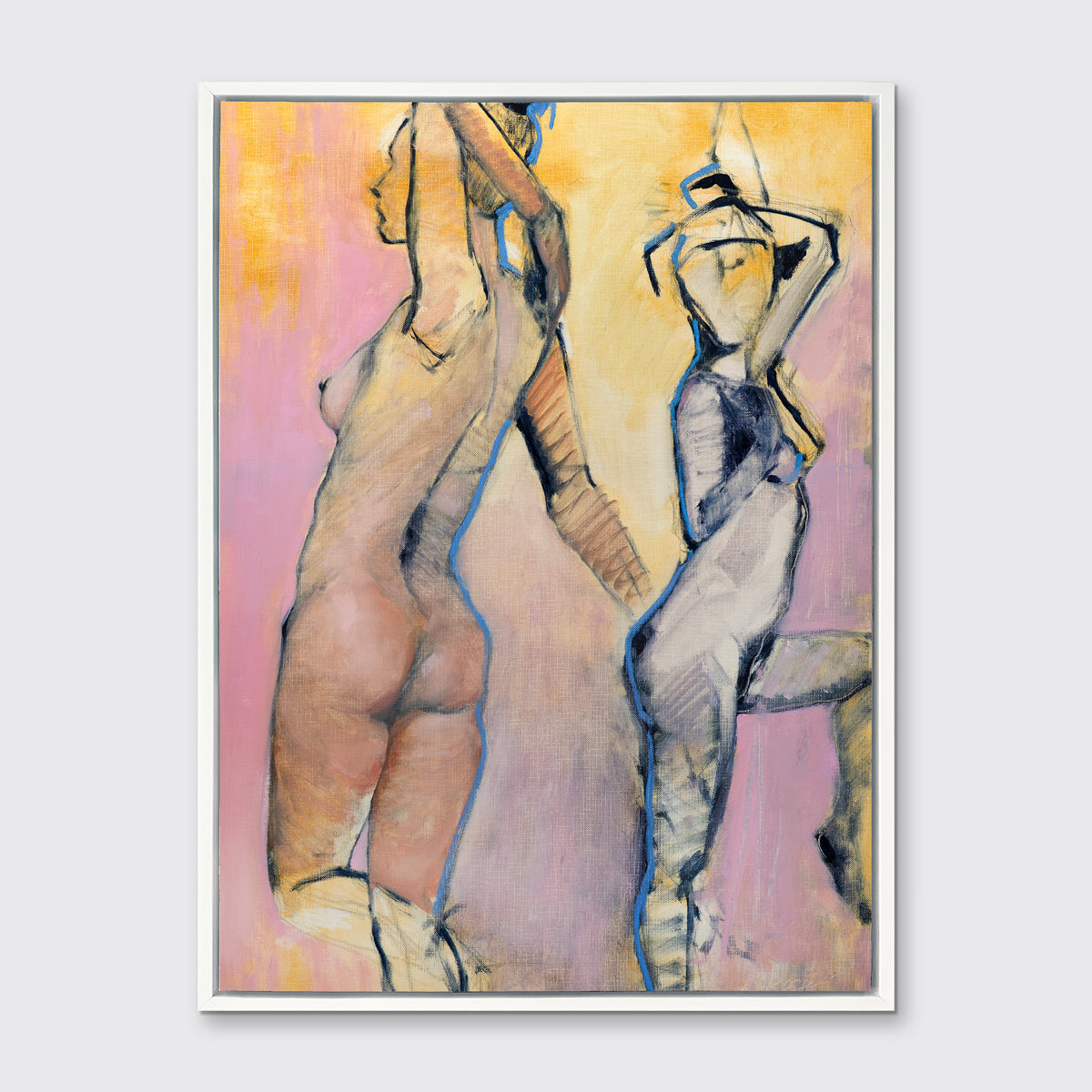 A pink, yellow, blue and black abstract figurative print of two women in a white floater frame hangs on a white wall.