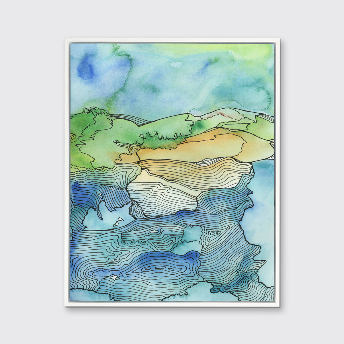 A blue and green landscape illustration canvas print framed in a white frame hangs on a grey wall.