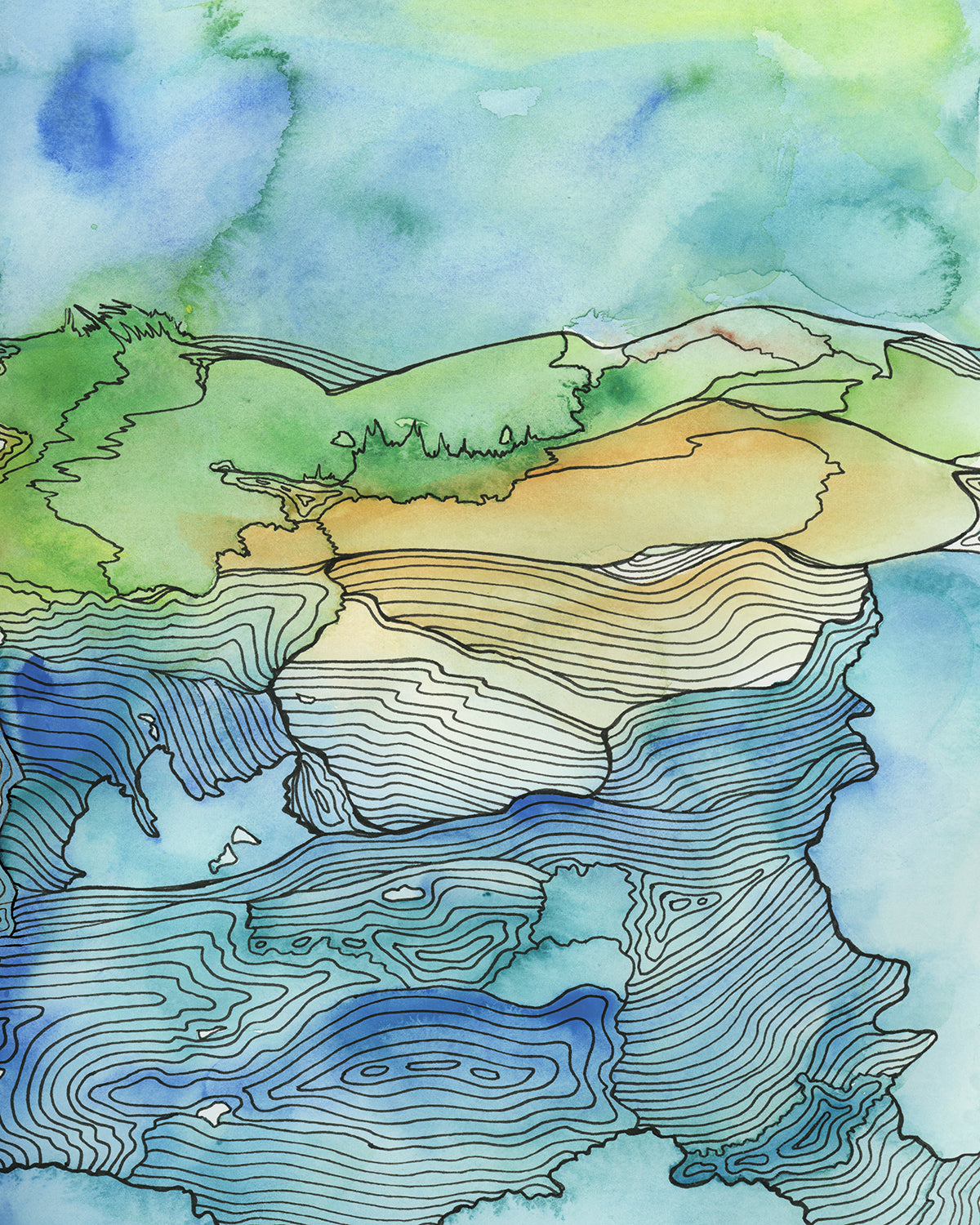 A blue and green landscape illustration print by Melissa Kircher.