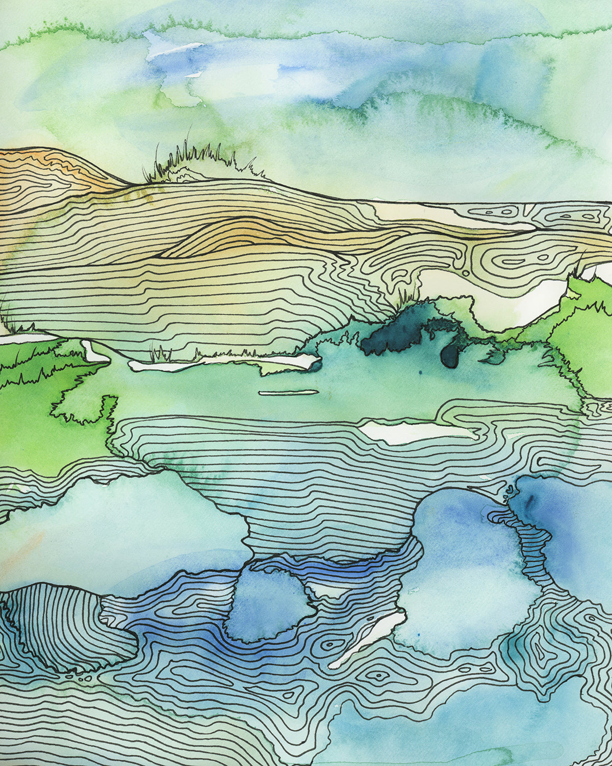 A green and blue landscape illustration print by Melissa Kircher.