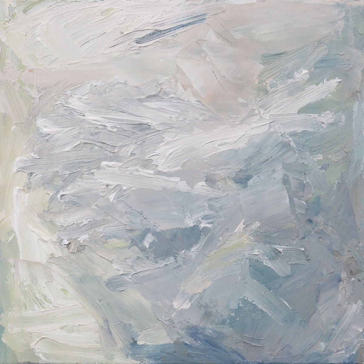 White, blue and green paint is applied in a thick impasto to the canvas surface of the painting. Wired and ready to hang.