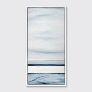 A blue-grey abstract print hangs in a white floater frame on a white wall.