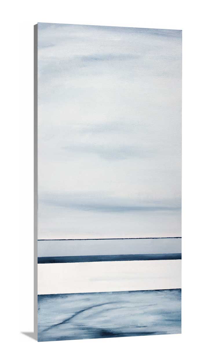 A side view of a blue-grey abstract print on a canvas.