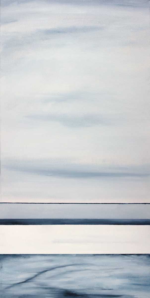 Abstract painting of blue and white horizontal lines, varying in thickness below a blue-grey blended color block.