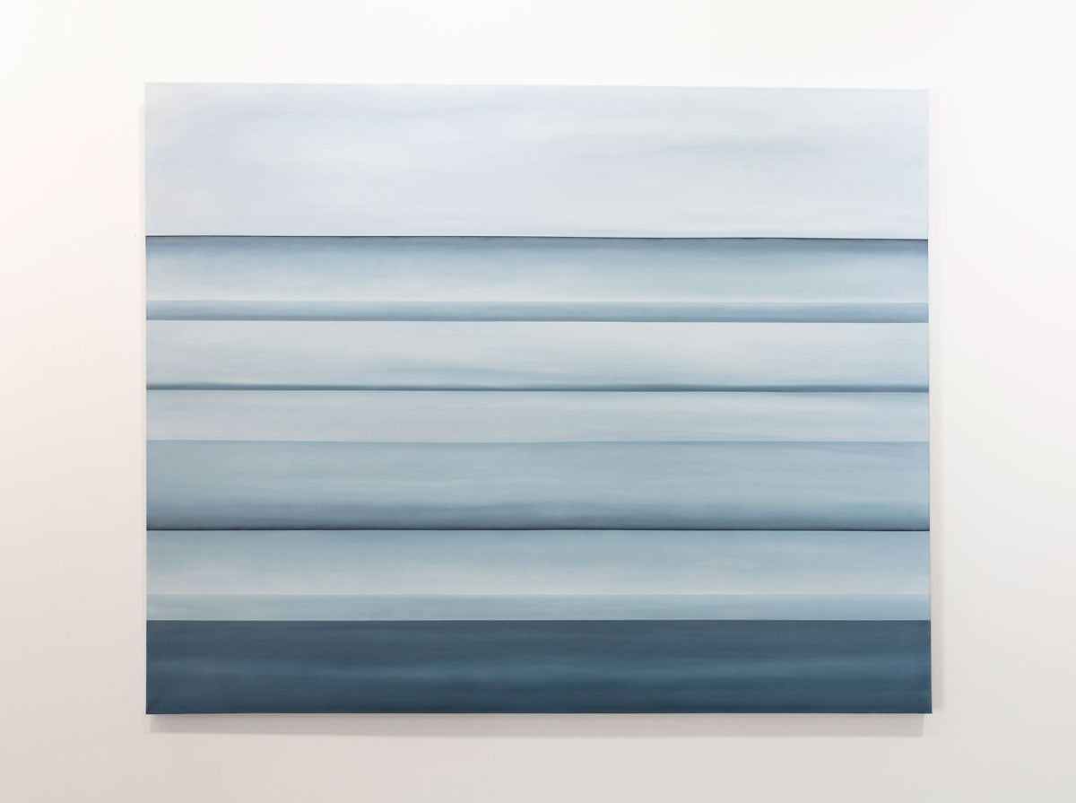 A blue oil painting with multiple navy lines running horizontally on the canvas that suggest horizon lines is hung on a gallery wall. Wired and ready to hang.