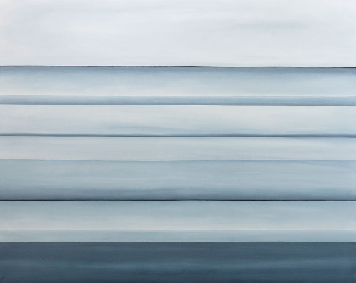 A blue oil painting with multiple navy lines running horizontally on the canvas which suggest horizon lines. Wired and ready to hang.