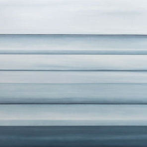 A blue oil painting with multiple navy lines running horizontally on the canvas which suggest horizon lines. Wired and ready to hang.