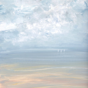 A light blue, white and beige abstract seascape painting with three white sailboats by S. Cora Aldo.
