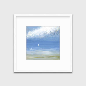 A blue, light green and white abstract seascape print with a small sailboat in a white frame with a mat hangs on a white wall.