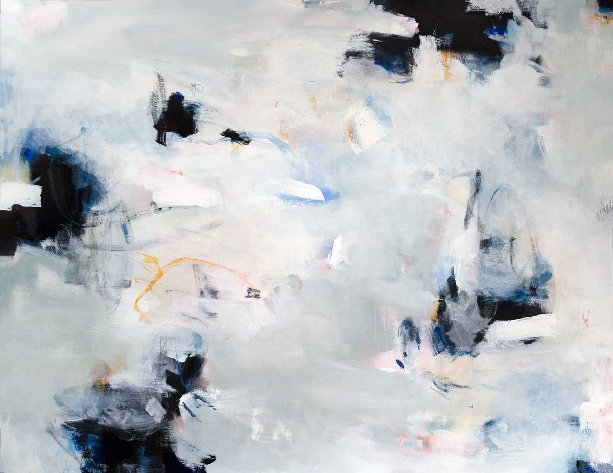 Grey, black and white abstract painting with blue and orange accents by Kelly Rossetti.