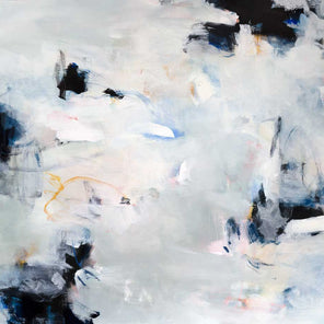 Grey, black and white abstract painting with blue and orange accents by Kelly Rossetti.