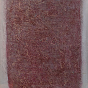 A white and red painting with a scratched, textured surface. Wired and ready to hang.