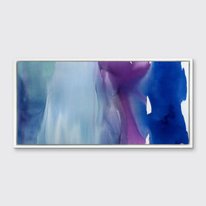 A blue and purple abstract print framed in a white floater frame hangs on a light grey wall.
