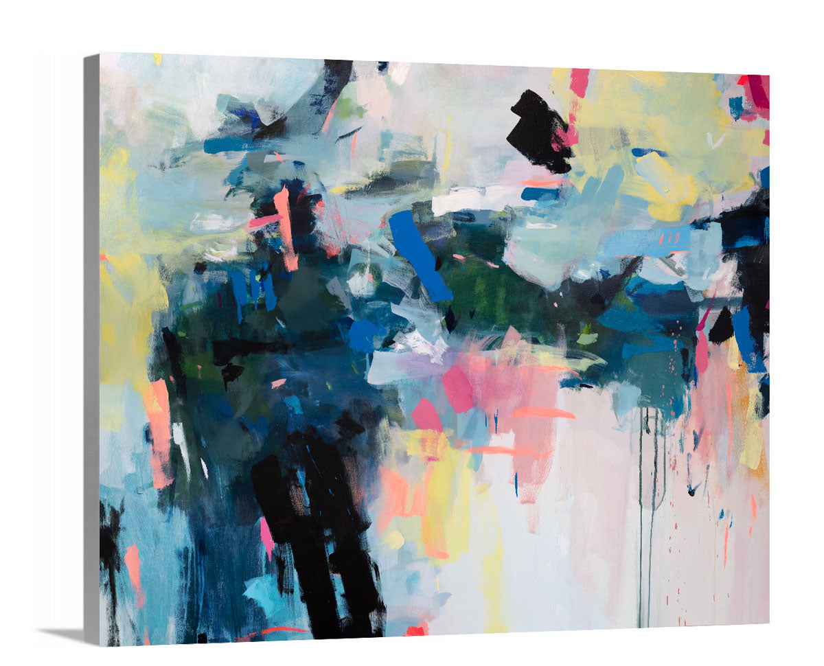 A side view of a colorful abstract print by Kelly Rossetti on canvas.