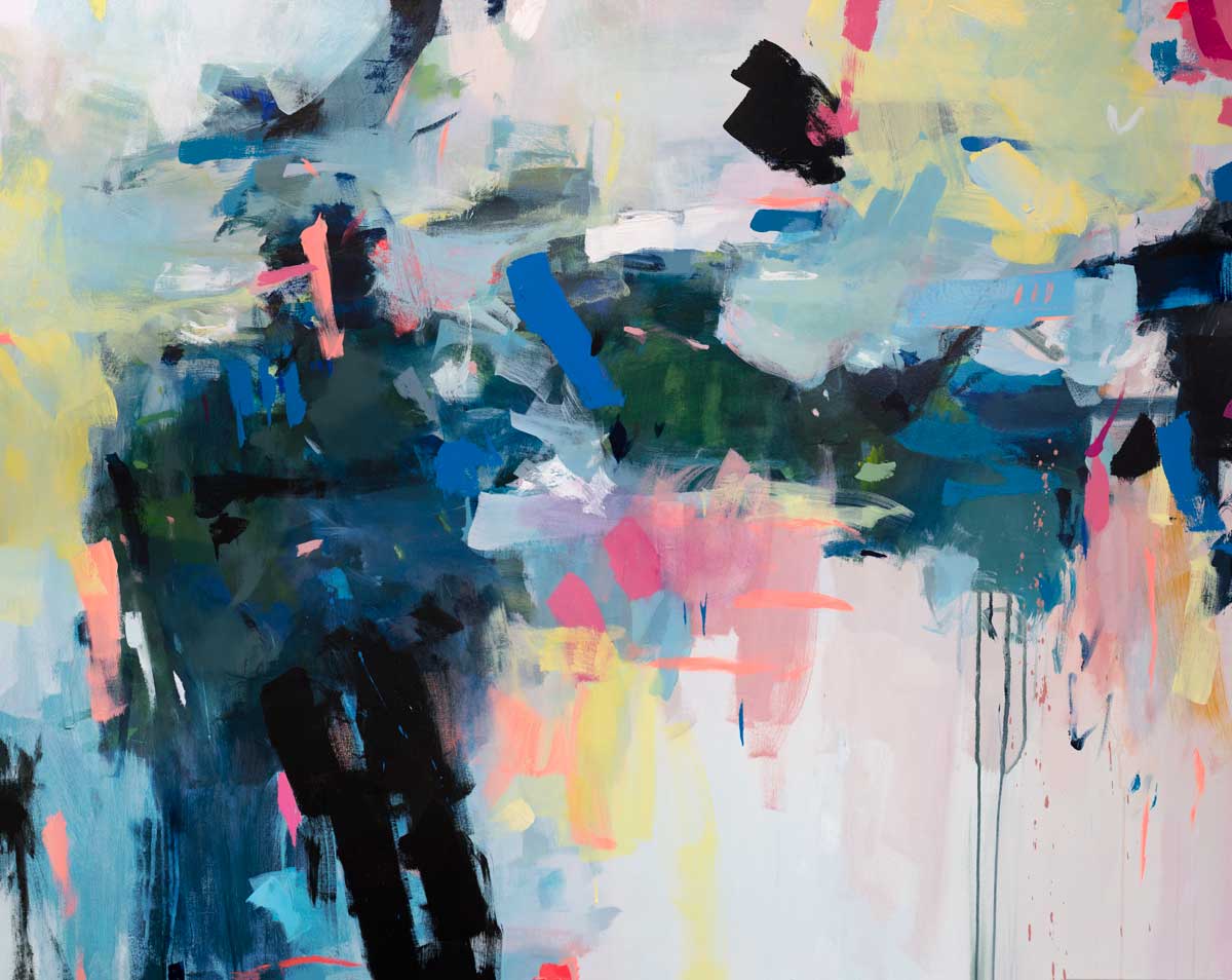 A blue, green and yellow colorful abstract painting by Kelly Rossetti.