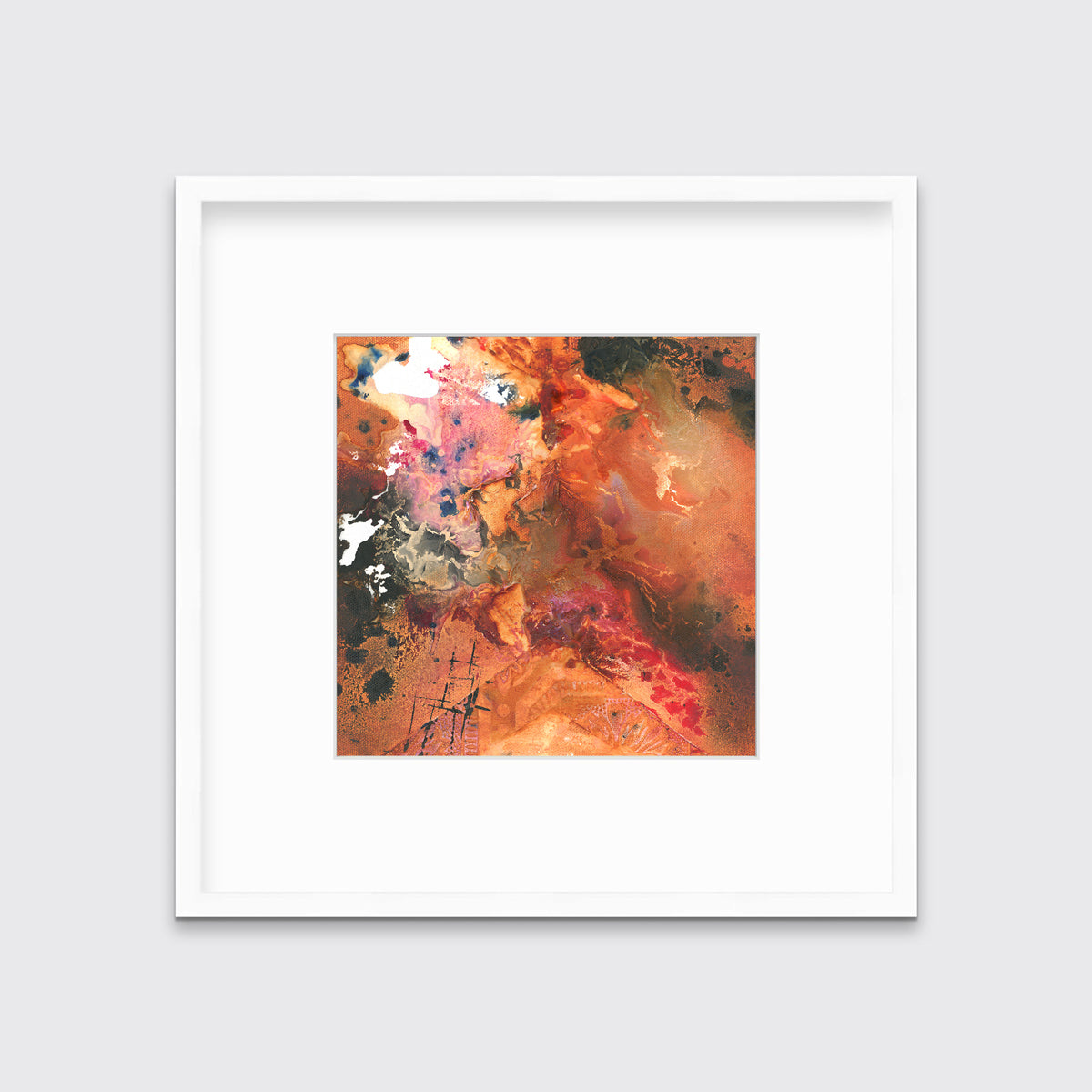 A red, orange, black and pink abstract print in a white frame with a mat hangs on a white wall.