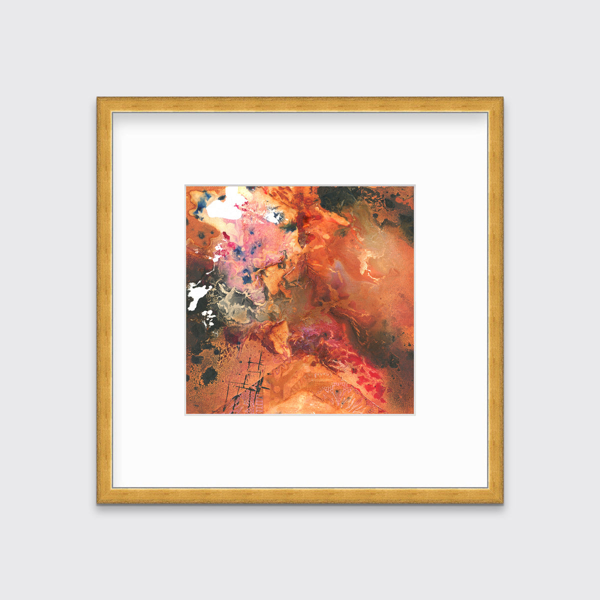 A red, orange, black and pink abstract print in a gold frame with a mat hangs on a white wall.
