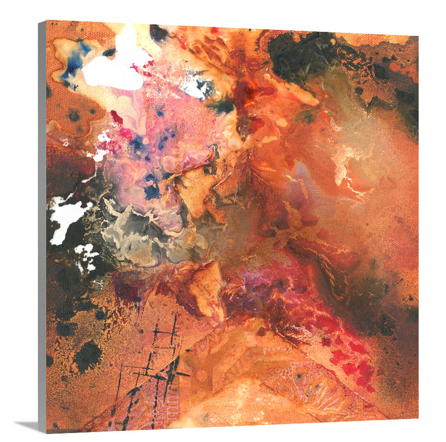 A side-angle view of a red, orange, black and pink abstract print on canvas.