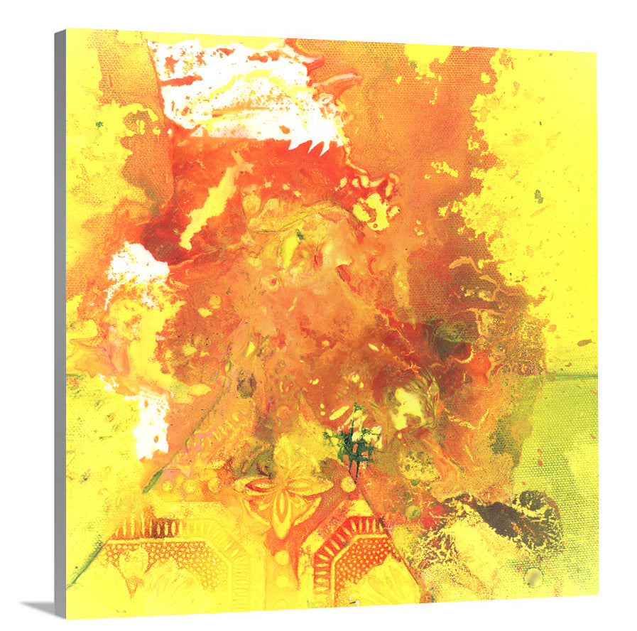 A side-angle view of a yellow, orange and white abstract print on canvas.