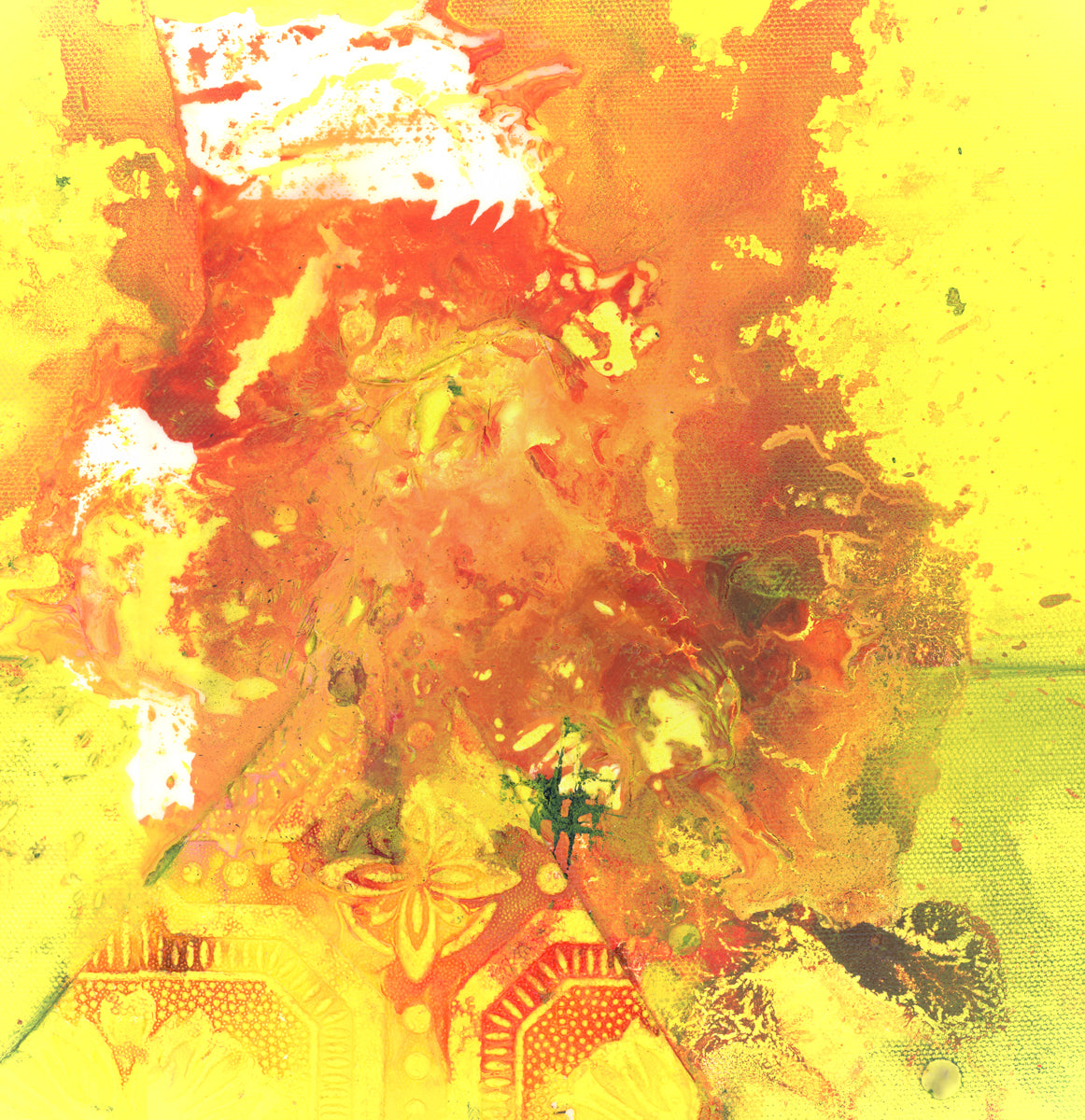 A yellow, orange and white abstract print by Tony Iadicicco.