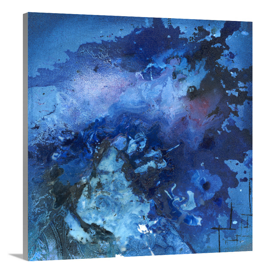 A side-angle view of a blue and black abstract print on canvas.