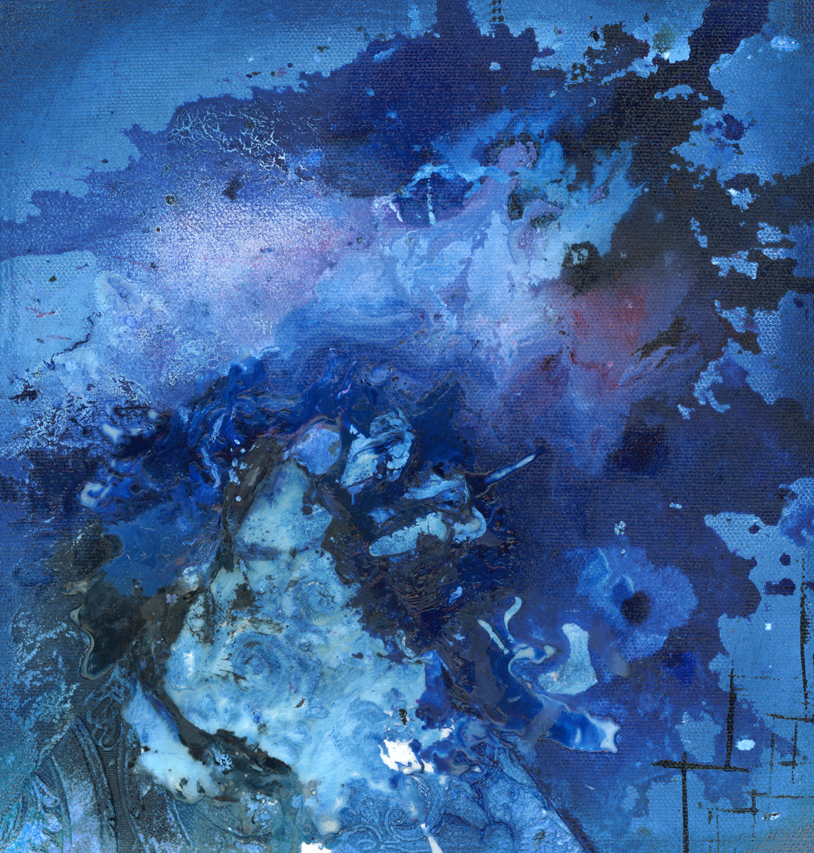 A blue and black abstract print by Tony Iadicicco.