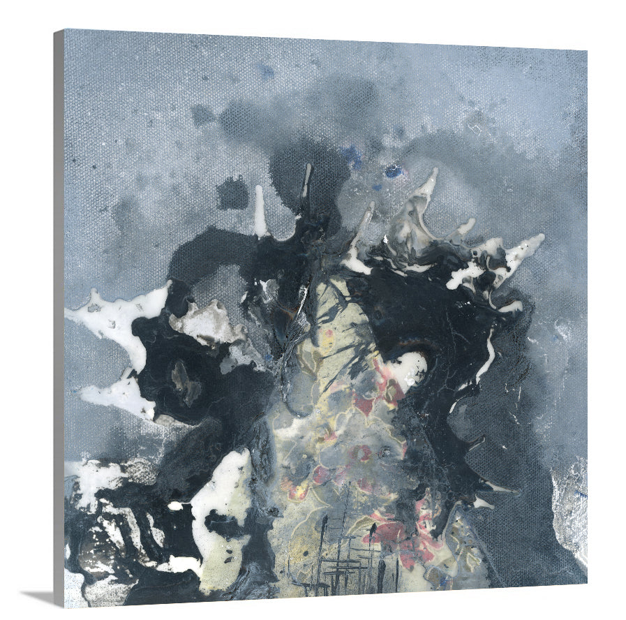 A side-angle view of a grey, black, white and light yellow abstract print on canvas.
