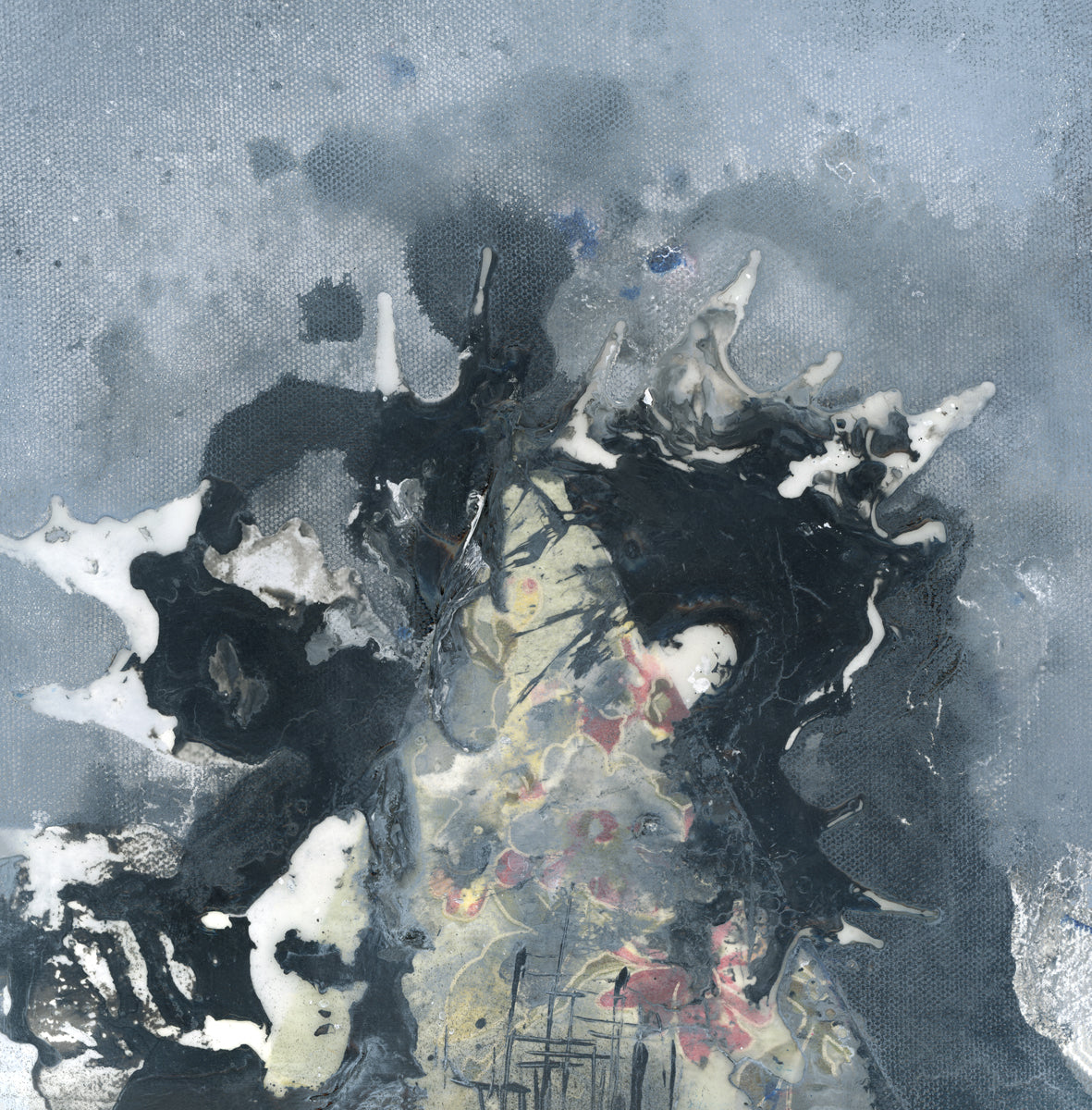 A grey, black, white and light yellow abstract print by Tony Iadicicco.