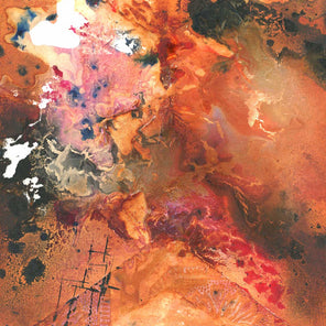An orange, black, red and white abstract painting by Tony Iadicicco in collaboration with Alex Waters.