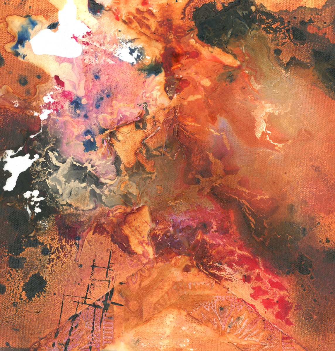 A red, orange, black and pink abstract print by Tony Iadicicco.