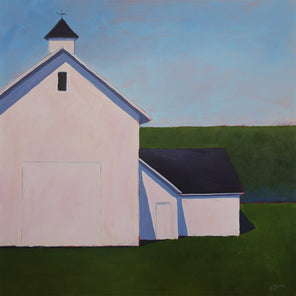 A painting of a white barn with a weather vane in front of a hedge. Wired and ready to hang.