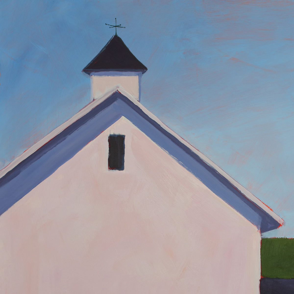 A detail shot of a painting of a white barn with a weather vane in front of a hedge.