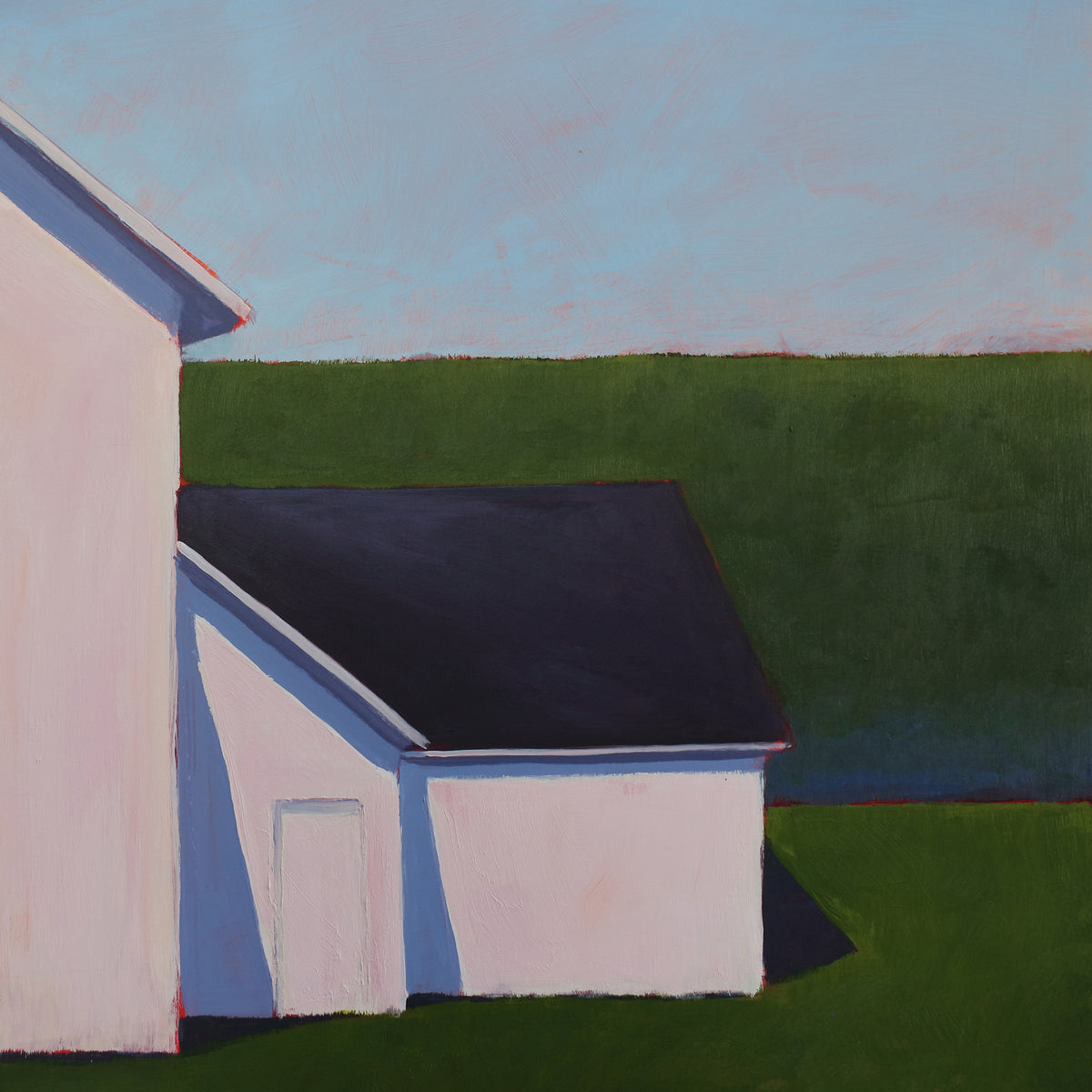A detail shot of a painting of a white barn with a weather vane in front of a hedge.